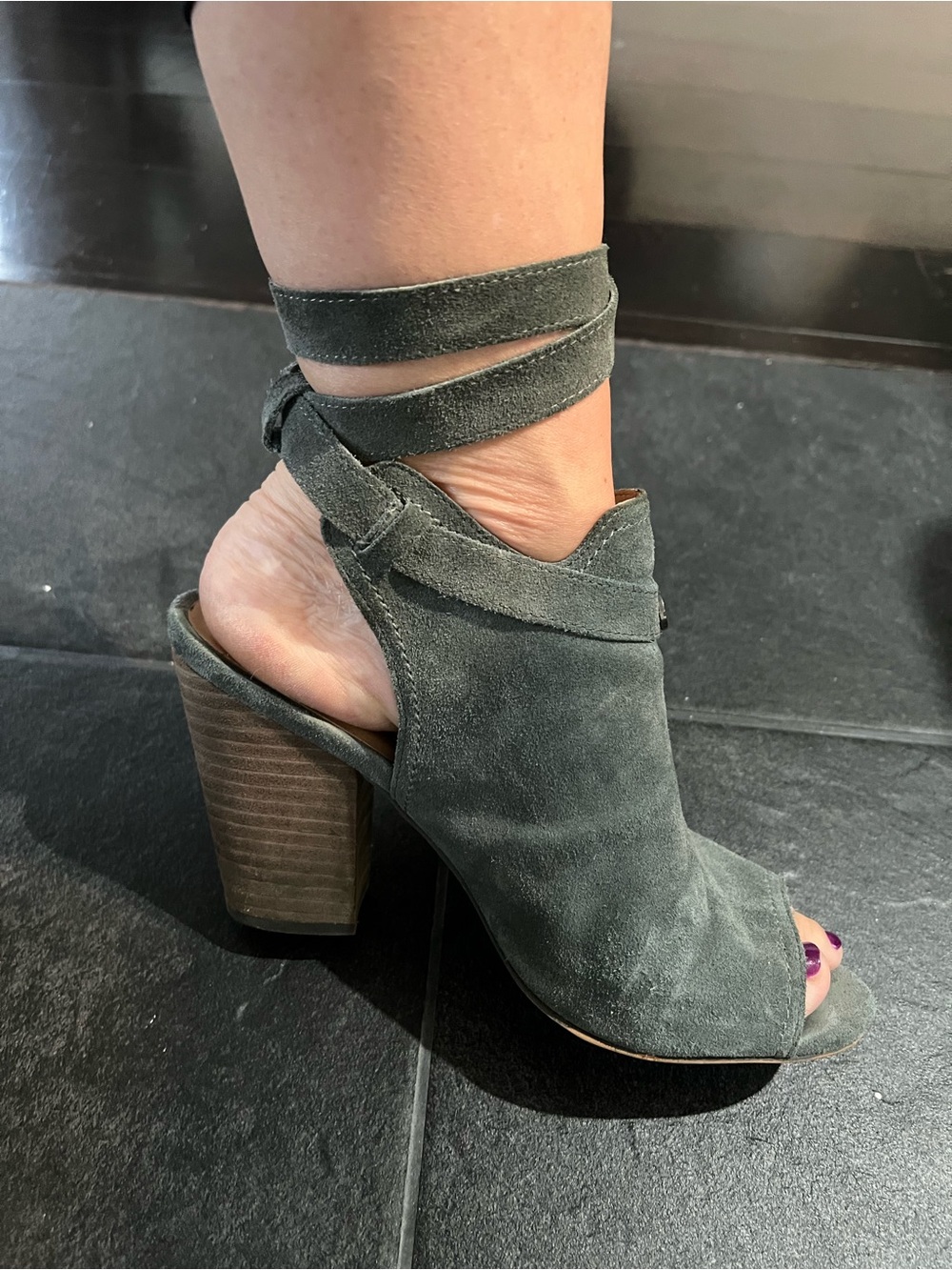 Joe's Jeans Gray Suede Peep-Toe Wrap Ankle Booties
